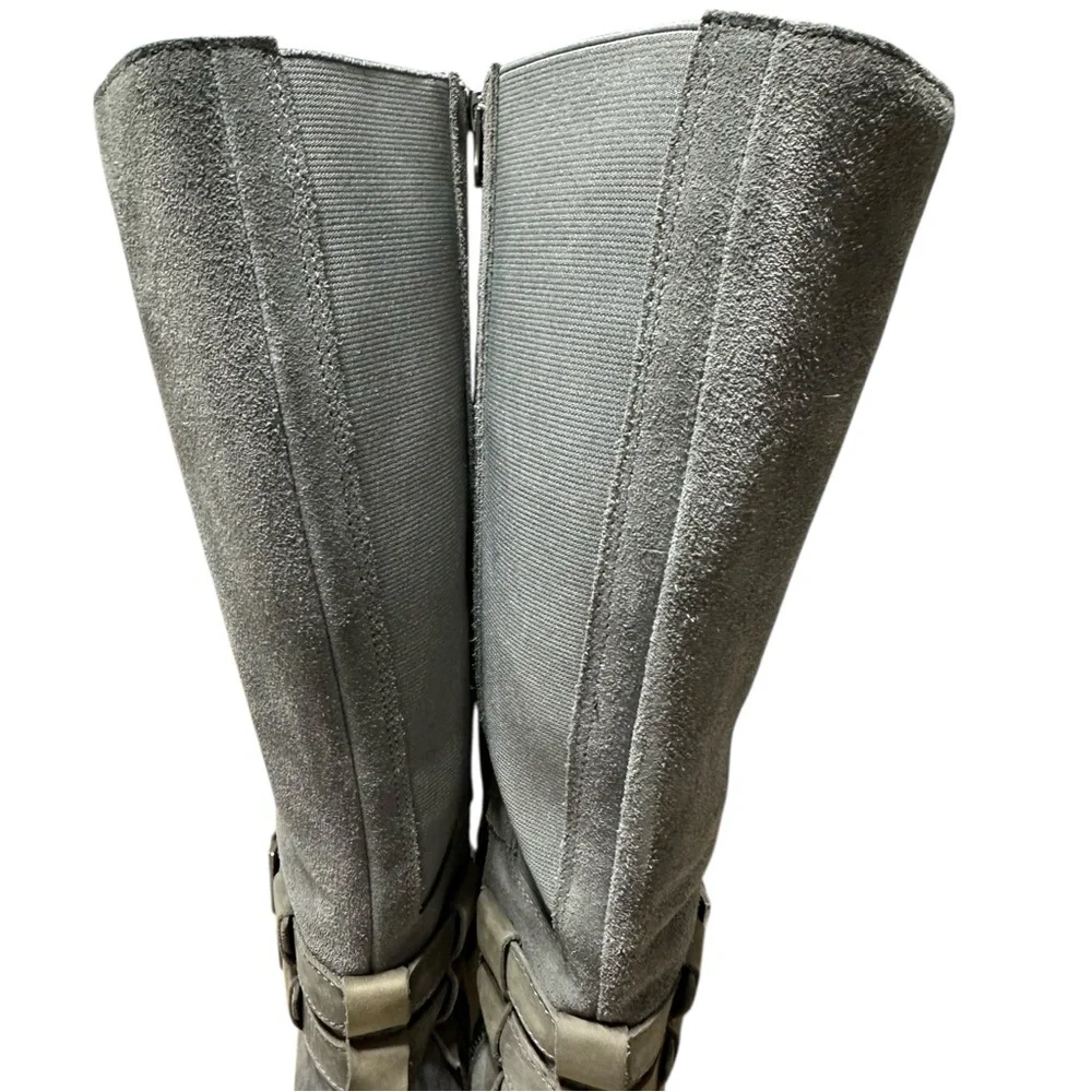 Sorel Lolla II Tall Quarry Gray Suede Knee High Double Buckle Zip Up Heel Boots
